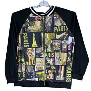 Blush Paris Bomber Jacket Magazine Varsity Zip Up Gold Black Women Large-XLarge